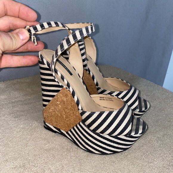 Forever 21 Shoes - Forever 21 Striped Cork Wedge Heels | Nautical Black White Ankle Strap Sandals 8